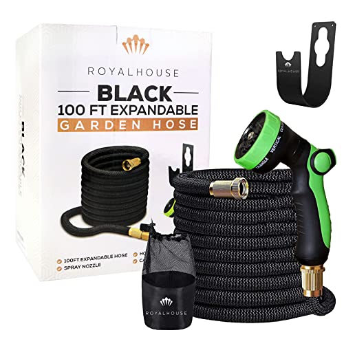 ROYALHOUSE (100 FT) Black Expandable Garden Hose Water Hose with 8Function HighPressure Spray Nozzle Heavy Duty Flexible Hose  34 Solid Brass Fittings Leak Proof Design