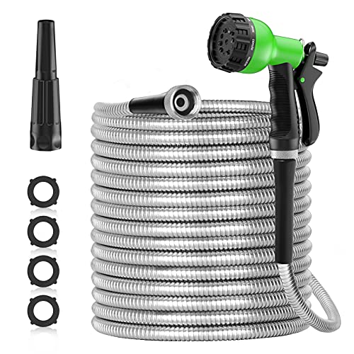 SPECILITE 50ft 304 Stainless Steel Metal Garden Hose Heavy Duty Water Hoses with 2 Nozzles for Yard Outdoor  Flexible Never Kink  Tangle Puncture Resistant