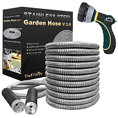 TheFitLife Flexible Metal Garden Hose  Upgrade Leak and Fray Resistant Design Stainless Steel Water Hose with Solid Fittings and Sprayer Nozzle Lightweight Kink Free Durable Easy Storage (50 FT)