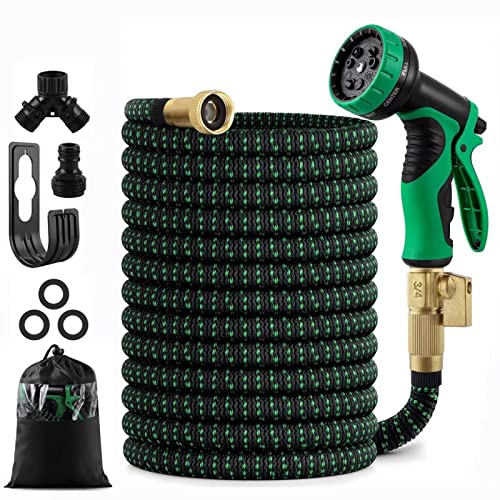 50 feet Expandable Garden Hose Water Hose with Triple Layered Latex Core with 34 Solid Fittings Hose Splitter Hose Quick ConnectorFree 9 Function Spray Nozzle for House Car Floor Yard Wash