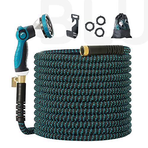 BLUU Expandable Garden Hose 50 ft Flexible Outdoor Watering Hose Heavy Duty 34 Solid Brass Fittings with Nozzle Sprayer Retractable and Kink Free Premium Fabric Soaker Hose