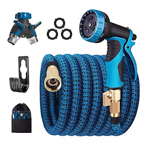 GeniusChris 100ft Garden Hose Expandable Water Hose  Flexible Collapsible  Durable  Heavy Duty Retractable Layered Latex Hose with 2 Way Splitter Strong Brass Connectors with Solid Fitting