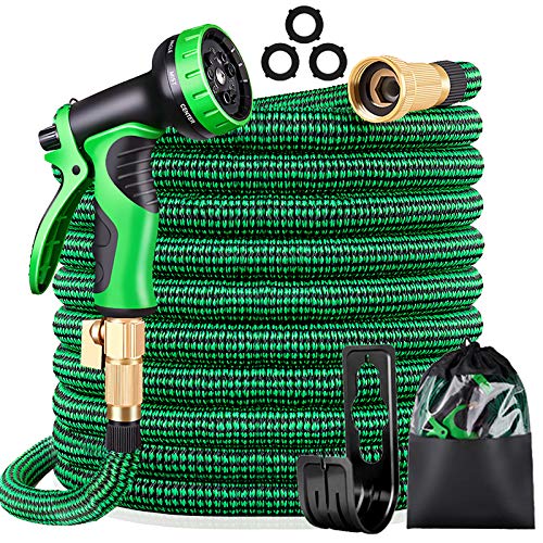 KURTVANA Expandable Garden Hose with 9 Function NozzleDurable Flexible Water Hose34 Solid Brass ConnectorsExtra Strength Fabric Lightweight Expanding Hose (Green 30FT)