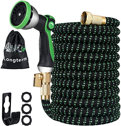 SURHOSE Expandable Garden Hose Set 100 ftStrength Fabric 3750D6 Latex Layers 34 Solid Brass Fittings10 Way Durable Zinc Water Spray Nozzle with Storage Bag