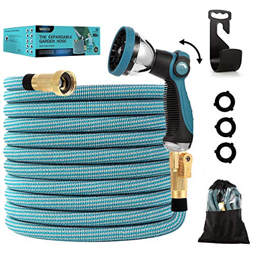 Watato Expandable Garden Hose 100ftWater Hose with Durable 10 Way Zinc Alloy Spray Nozzle4 Layers Latex and 34 Solid Brass FittingStrength 3750D Flexible Lightweight Yard No Kink Hose Pipe Set