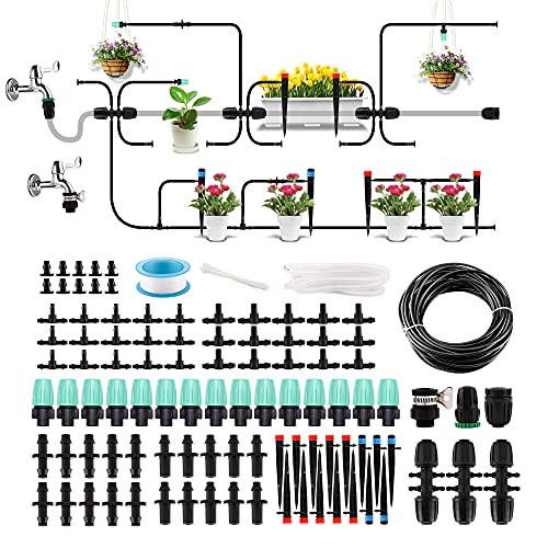 Drip Irrigation Kit Garden Irrigation System 130FT Micro Sprinkler Kit Automatic Watering System with 14 inch Blank Distribution Tubing Hose Adjustable Garden Greenhouse Saving Water Drip System Set