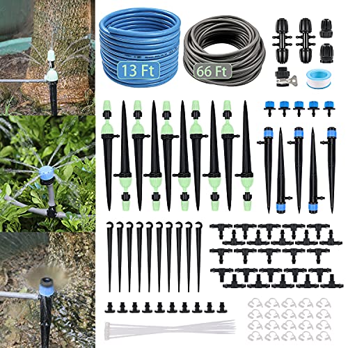 YINDUDU Drip Irrigation Kit Garden Greenhouse Micro Irrigation System Blank Distribution Tubing Hose Nozzle Sprinkler Sprayer Plant Watering Misting Cooling Flower Bed Patio Lawn (66Ft13Ft Main)