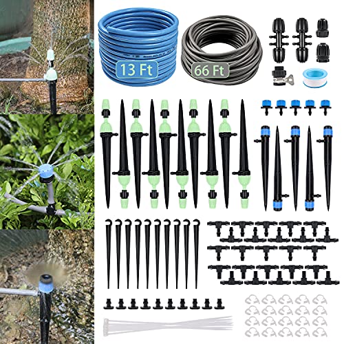 YINDUDU Drip Irrigation Kit Garden Greenhouse Micro Irrigation System Blank Distribution Tubing Hose Nozzle Sprinkler Sprayer Plant Watering Misting Cooling Flower Bed Patio Lawn (66Ft13Ft Main)