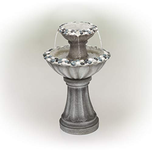 Alpine Corporation ZEN640S Alpine Grey Two Tier Pedestal 24 Inch Tall Floor Fountain 15 W x 15 L x 24 H