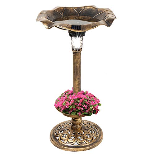 Best Choice Products Outdoor Solar Lighted Pedestal Bird Bath Fountain Decoration wPlanter Integrated Panel Scroll Accents for Lawn Garden  Bronze