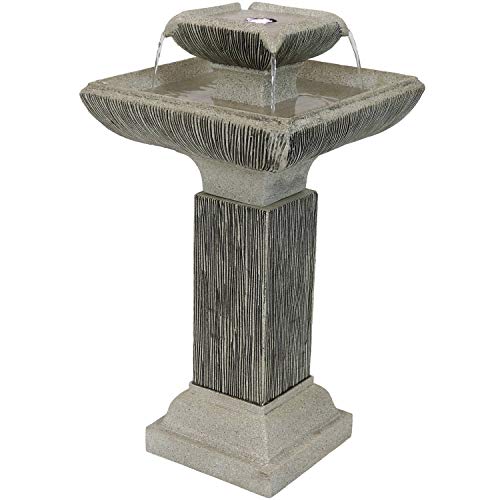 Sunnydaze Square 2Tier Outdoor Bird Bath Water Fountain with LED Lights and Electric Submersible Pump 25Inch
