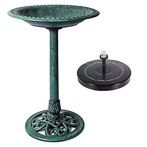 TOPHORT 28inch Bird Bath with Solar Fountain Weather Resistant Resin Pedestal Birdbath Vintage Finish Garden Decor for Outdoor Courtyard