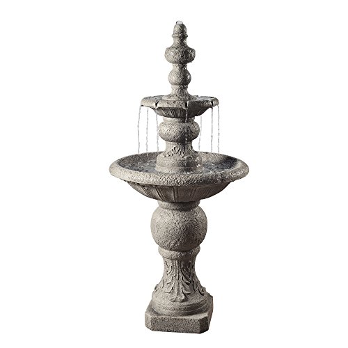 Teamson Home ICY Stone 2 Tiered Zen Floor Pedestal Waterfall Fountain with Pump for Outdoor Patio Garden Backyard Decking Décor 53 inch Height Stone Gray