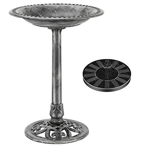 VIVOHOME Polyresin Antique Outdoor Gray Garden Bird Bath and Solar Powered Round Pond Fountain Combo Set