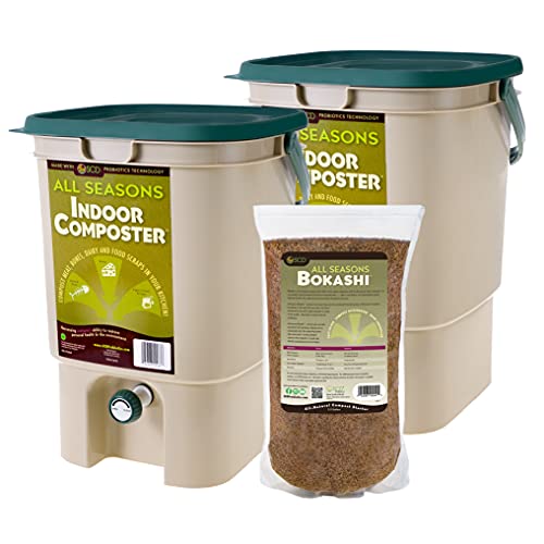 All Seasons Indoor Composter Duo Two 5Gallon Countertop Kitchen Compost Bin with 2 Gallons (55 lbs) of Bokashi  Easily Compost in Your Kitchen After Every Meal Low Odor by SCD Probiotics