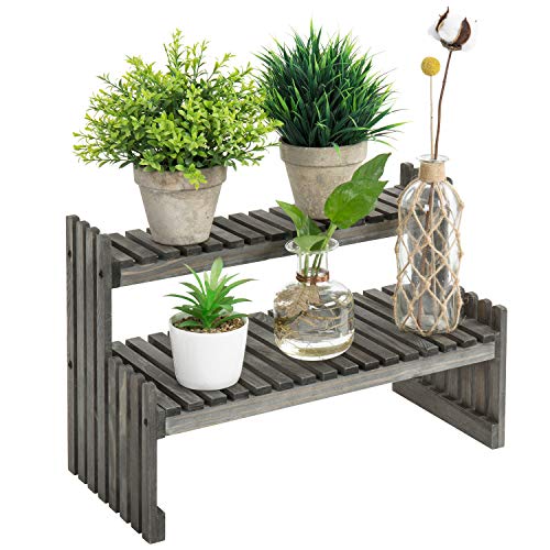 MyGift 2Tier Rustic Gray Wood Plant Stand Rack  DesktopCountertop Display Riser Media Storage Organizer Shelves