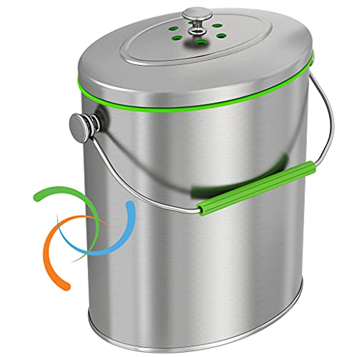 iTouchless Stainless Steel Compost Bin 16 Gallon Includes AbsorbX Odor Filter System PestProof Titanium RustFree Spaceefficient Slim Oval Shape 6 Liter Kitchen Countertop Trash Can