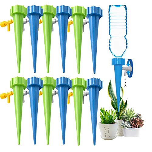 Self Watering Spikes Slow Release Control Valve Switch Automatic Irrigation Watering Drip System Adjustable Water Volume Drip System for Vacation and Outdoor Plant Watering12Pack（6 green6 blue）