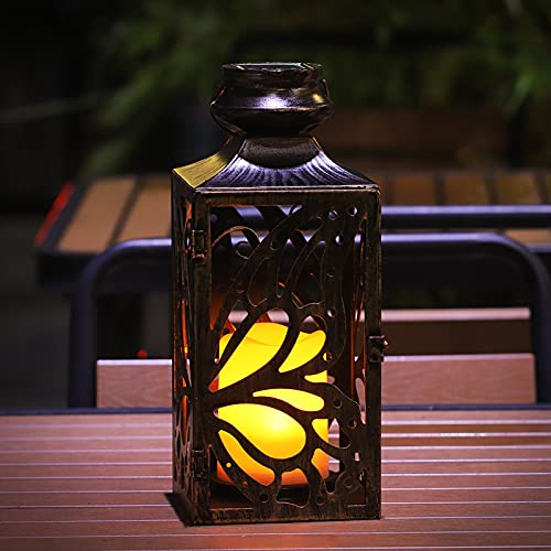 GENYESTAR Solar Lantern Outdoor Hanging Large Floor Patio Light Lamp Big Decorative Tree Yard Garden Courtyard Holiday LED Flameless Candle Vintage Metal Brass 1 Pack