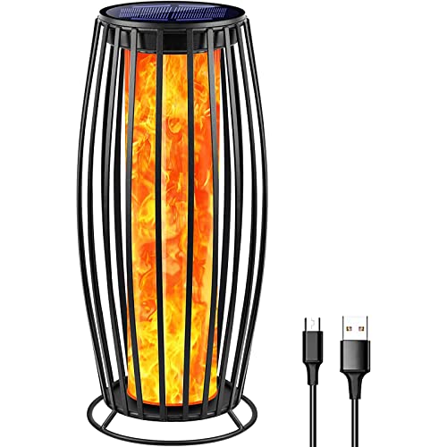 TomCare Solar Lantern Flickering Flame Solar Lights Outdoor Decorative Large Metal Solar Powered  USB Charged Lanterns Floor Lamp Waterproof Solar Patio Decorations Lighting for Patio Deck Porch(1)