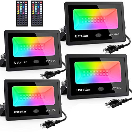 Ustellar 4 Pack 25W RGB LED Flood Lights Color Changing Indoor Outdoor Floodlights Floor Lamp Party Uplighting Landscape led Wall Wash Halloween Christmas Spotlight Strobe Light Uplight Stage Lighting