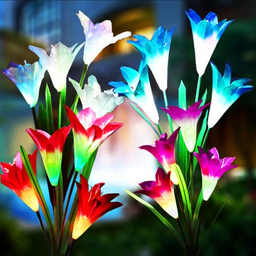 VONORAM 4 Pack Solar Garden Stake Flower Lights Outdoor Lights with 16 Lily Flowers Multi Color Changing LED Solar Powered Lights for PatioLawn GardenYard DecorationNew Year Celebration