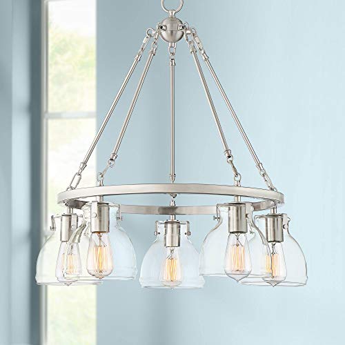 Bellis Brushed Nickel Wagon Wheel Pendant Chandelier 24 Wide Modern Vintage Clear Glass Shades 5Light Fixture for Dining Room House Foyer Entryway Kitchen Bedroom Living Room  Possini Euro Design