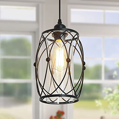 Black 1Light Hanging Pendant Lighting，Industrial Glass Ceiling Light Fixture，Farmhouse Chandelier for Hallway Corridor Foyer Dining Room Kitchen Bedroom