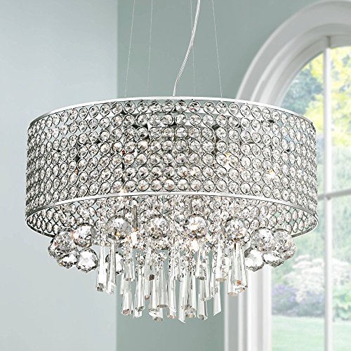 Elva Chrome Drum Pendant Chandelier Lighting 19 Wide Beaded Crystal Drum Shade 9Light Fixture for Dining Room House Foyer Entryway Kitchen Bedroom Living Room High Ceilings  Vienna Full Spectrum