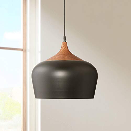 Felton Black Aluminum Mini Pendant Light Fixture 12 Wide Modern Contemporary Mid Century Wood Finish Detail for Dining Room House Entryway Bedroom Kitchen Island Hallway  Possini Euro Design