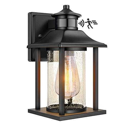 Exterior Outdoor Wall Lantern with Motion Sensor Waterproof Dusk to Dawn Porch Light Fixtures Wall Mount Antirust Wall Sconce with Seeded Glass for Entryway Doorway Garage Balcony Motion Activated