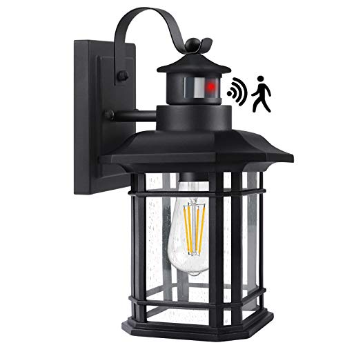 Motion Sensor Outdoor Wall Lights Dusk to Dawn Sensor Exterior Light Fixtures Wall Mount Matte Black Wall Sconce with Seeded Glass E26 Socket Waterproof Modern Wall Lantern for Entryway Garage