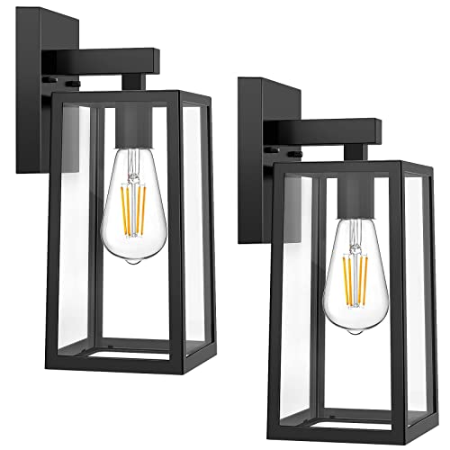 Outdoor Wall Sconce Exterior Waterproof Wall Lantern Light Fixtures Black Porch Lights with Toughened Glass Shade AntiRust E26 Socket Front Door Wall Mount Lighting for Garage 2 Pack
