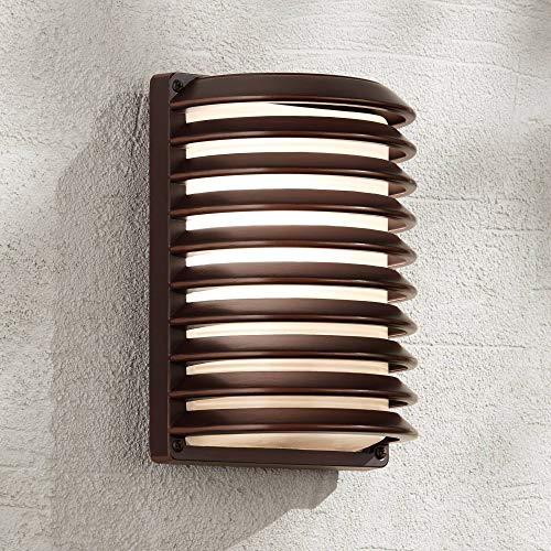 Modern Contemporary Sconce Outdoor Wall Light Fixture Rubbed Bronze 10 Banded Grid Frosted Glass Decor for Exterior House Porch Patio Outside Deck Garage Front Door Garden Home  John Timberland