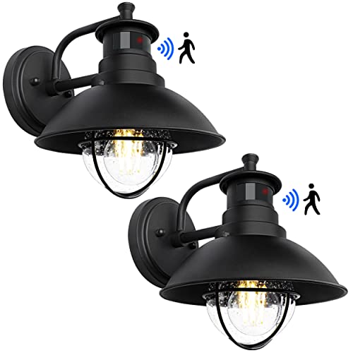 CINOTON Motion Sensor Outdoor Wall Lights Fixtures Wall Mount Dusk to Dawn Exterior Porch Lights Fixtures Black Outside Farmhouse Lighting with Seeded Glass Wall Sconce for Doorway Garage