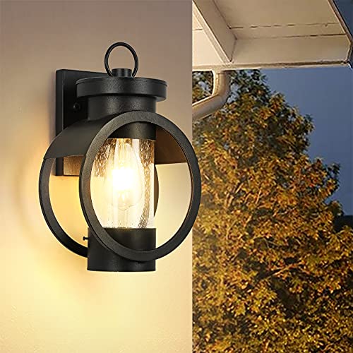 Industrial Outdoor Wall Lantern Modern Exterior Wall Mounted Light Fixtures Outdoor Wall Lamp Waterproof Metal House with Seed Glass for Porch Lighting Matte Black