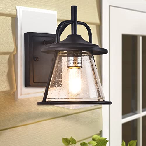 Outdoor Wall Lights Fixture Porch Light Wall Mount Outside Lighting Waterproof Exterior Wall Sconce with Seeded Glass Modern Industrial Lantern for House Entryway Front Door Barn and Farm Black