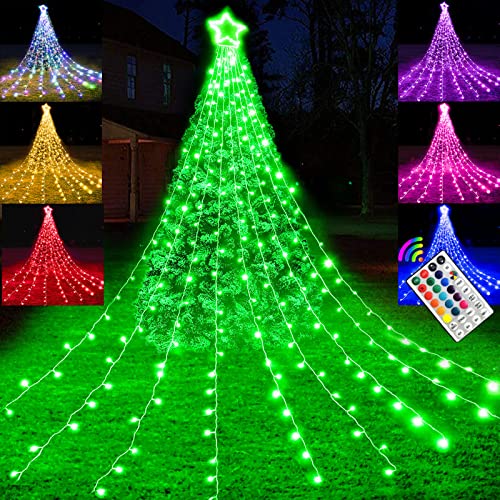 13FT LED Color Change Outdoor Christmas Lights with Remote Waterfall Christmas Tree Lights Curtain with Topper Star String Lights Purple Orange Green for New Year Holiday Yard Patio Decor