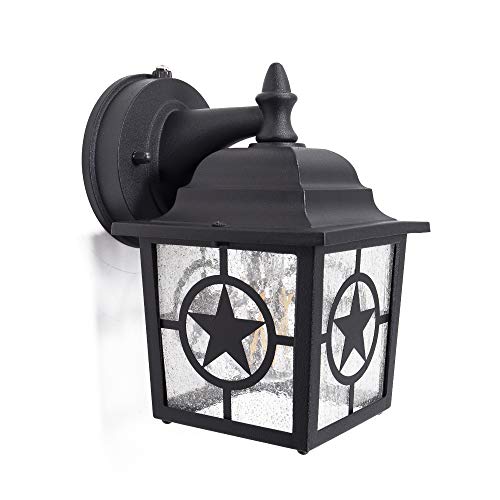 CORAMDEO Country Star Outdoor Dusk to Dawn Farmhouse Porch Light for Porch Patio and More E26 Standard Socket Suitable for Wet Location Black Powder Coat Cast Aluminum with Seedy Glass