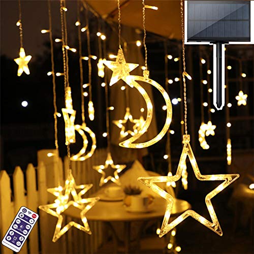 HORAVA Star Solar Lights Outdoor 138LED Solar Powered Curtain Lights Window Lights Solar Led String Lights Twinkle Star Moon Fairy Lights for Backyard Garden Patio Home Christmas Holiday Decoration