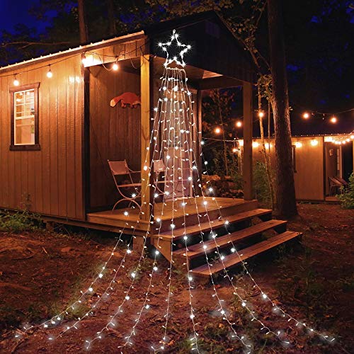 INAROCK Christmas Decorations Waterfall Star Lights 335 LED Curtain Lights with 12 Topper Star for New Year Holiday Party Patio Indoor Outdoor Decorative 8 Lighting Modes