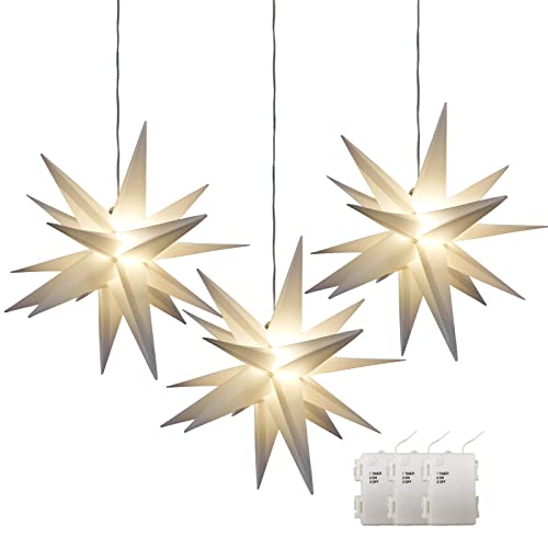 Leejec 133 Moravian Star Light for Christmas Outdoor Hanging 3D LED Star Light Powered by Battery with Timer function 3Pack Use as Holiday Decoration for Christmas trees Balconies Courtyards