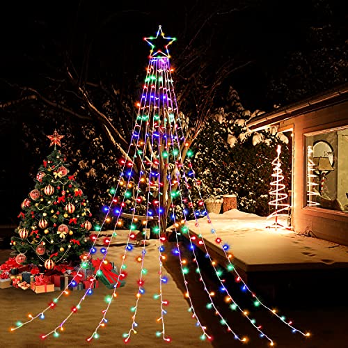 MINIAO Christmas Decorations Star String Lights 317 LED Waterfall Tree Lights with 14 Topper Star 8 Lighting Modes Indoor Outdoor Decorative for New Year Holiday Wedding Party (Multicolor)