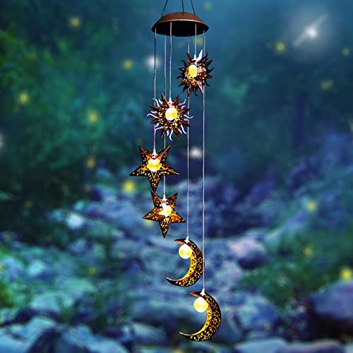 Tryme Solar Wind Chimes with Sun Moon Star Solar Powered Wind Chimes Warm LED Windchimes Hanging Outdoor Lights Unique Decor Gifts for Wife Mom Grandma Neighbors