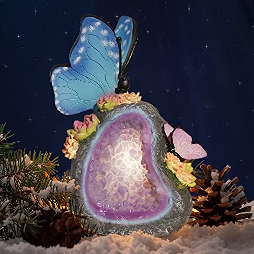 Btwoone Butterfly Statues Resin Landscape Light Garden Art Sculpture for Home Decor Outdoor Decorations Ornament Figurines with Solar LED Lights Housewarming Garden Gift