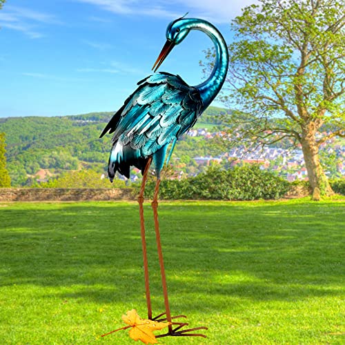 Chisheen Crane Garden Statues Metal Garden Crane Outdoor Blue Heron Sculpture Metal Yard Art Large Garden Heron Decoy Bird Statues Lawn Ornaments for Backyard Pond Patio Porch Outside Decorations