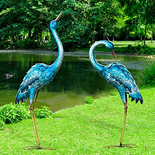 Kircust Garden Sculpture  Statues Blue Heron Lawn Ornaments Standing Metal Crane Yard Art Large Size Bird Decoy for Outdoor Lawn Backyard Porch Patio Decoration Set of 2