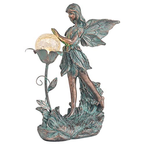 TERESAS COLLECTIONS Large Fairy Garden Statue with Solar Powered Lights Outdoor Angel Garden Sculptures  Statues Playing with Crackle Glass Globe Garden Art for Lawn Patio Yard Decorations(Bronze)