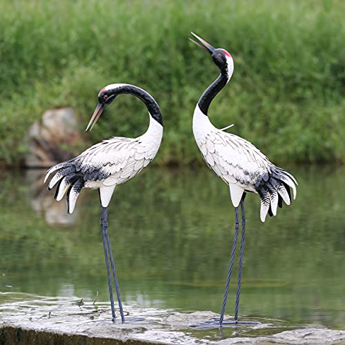 chisheen Garden Crane Statues Outdoor Heron Red Crowned Crane Metal Yard Art SculptureSet of 2