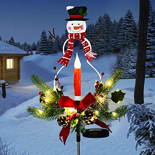Doingart Outdoor Solar Christmas Light Decorations LED Candle Snowman Christmas Light with Faux Pine Cones Foliage Accents Garden Decorative Stake